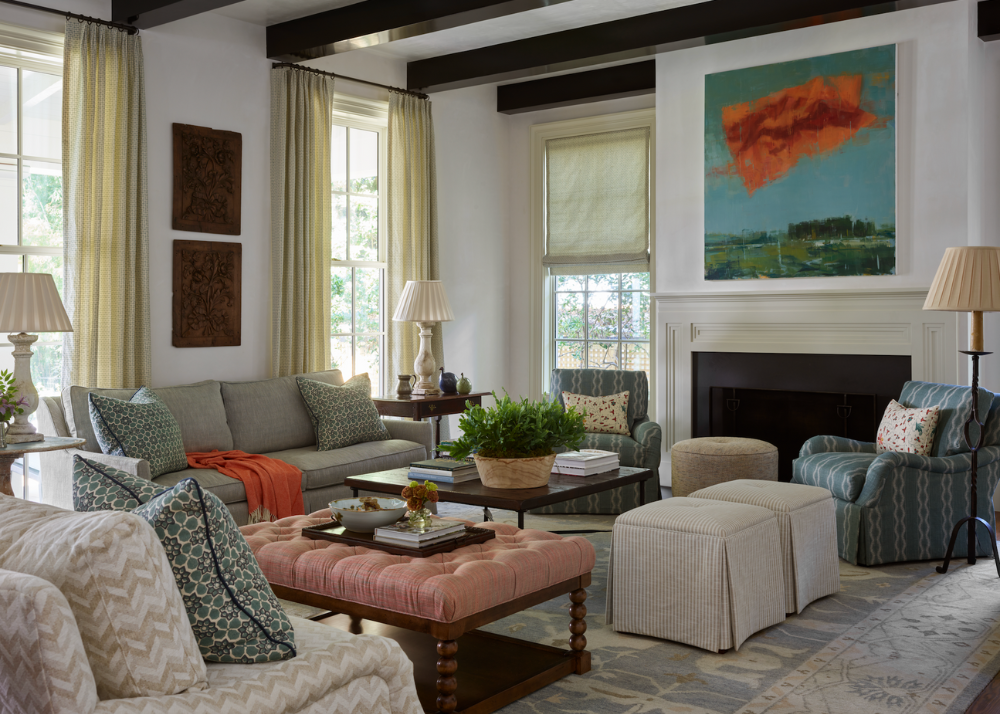 traditional isle of hope savannah georgia area home living room with firelpace and large artwork