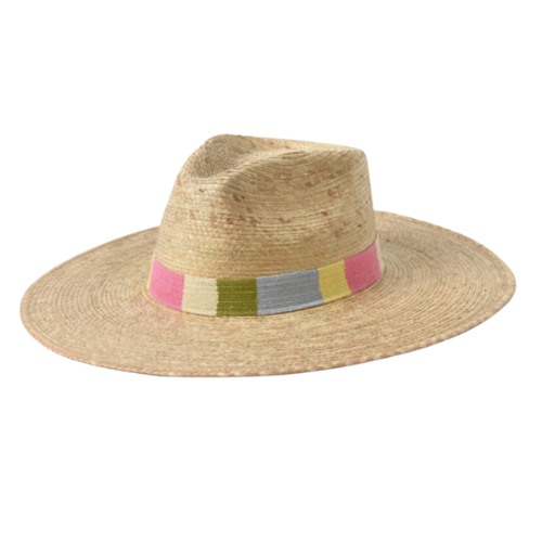 straw sun hat with pink, blue, green and yellow ribbon