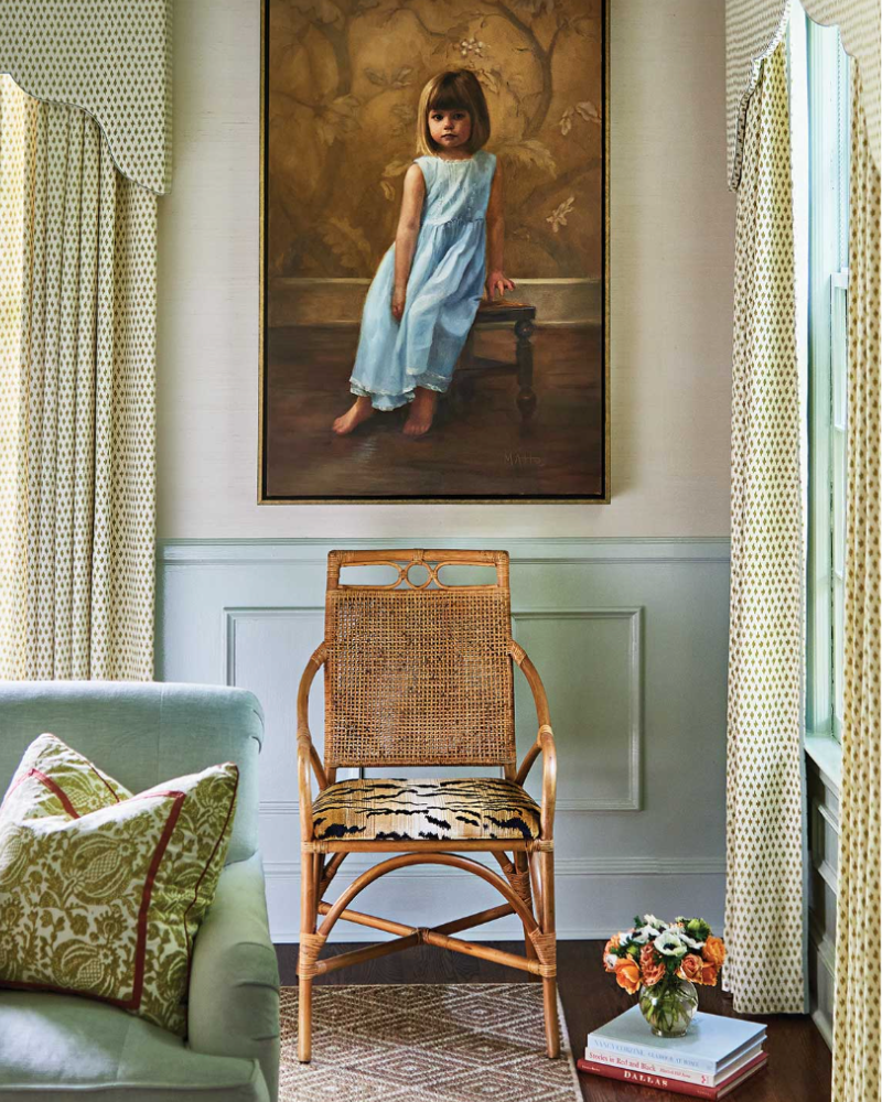 traditional family room with light blue wainscoting, trim and ceiling
