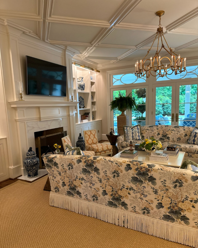 classic raleigh home with blue floral couch