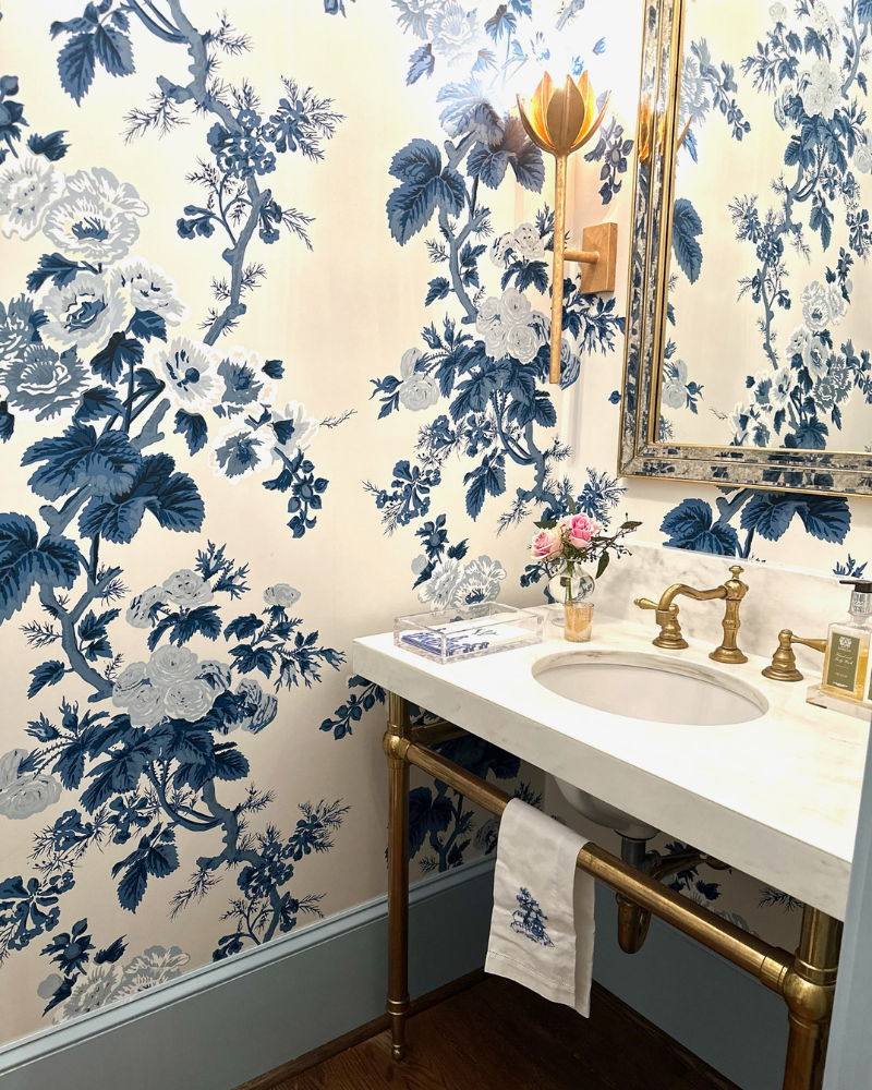 classic raleigh home with blue and white floral powder room