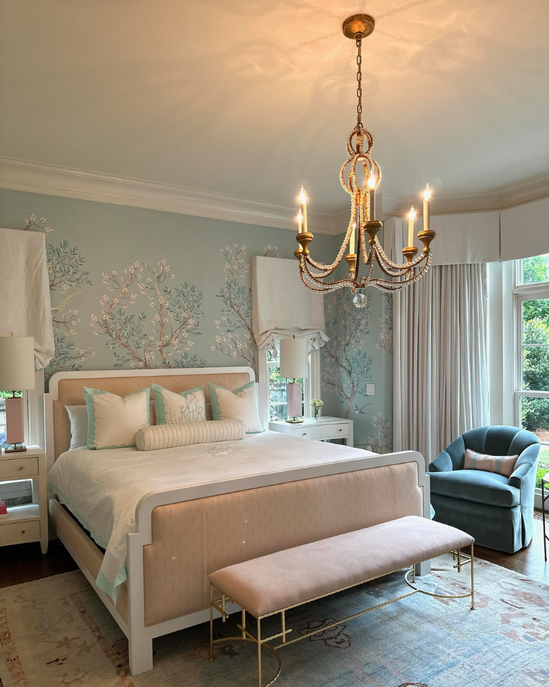 classic raleigh home with blue, white and pink primary suite