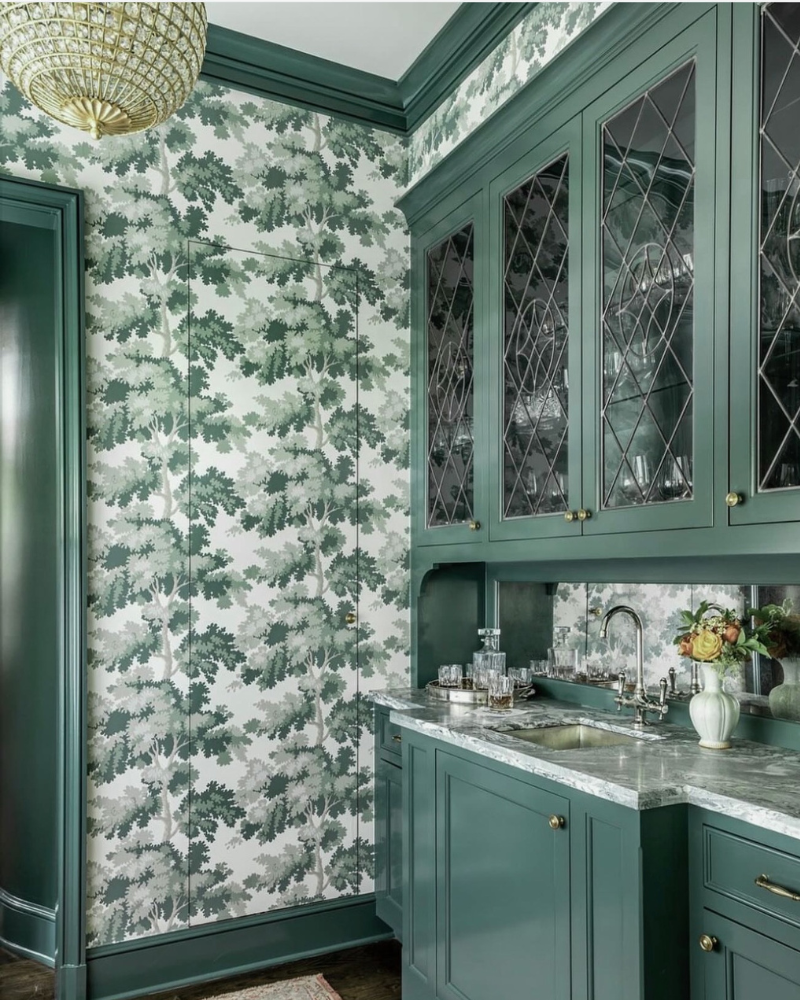 visual comfort Renwick Large Sphere Chandelier in green wallpapered bar