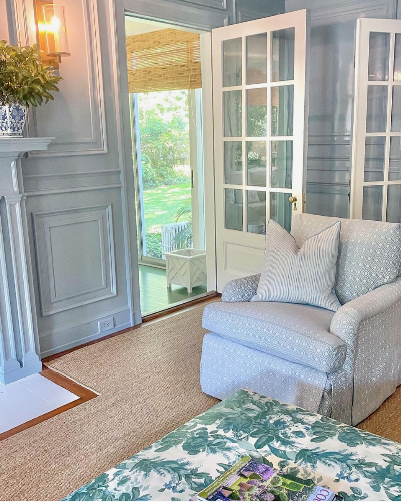 living space with a natural rug