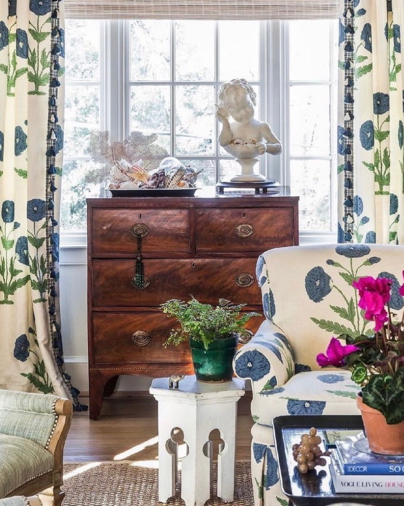 traditional living room with antique chest