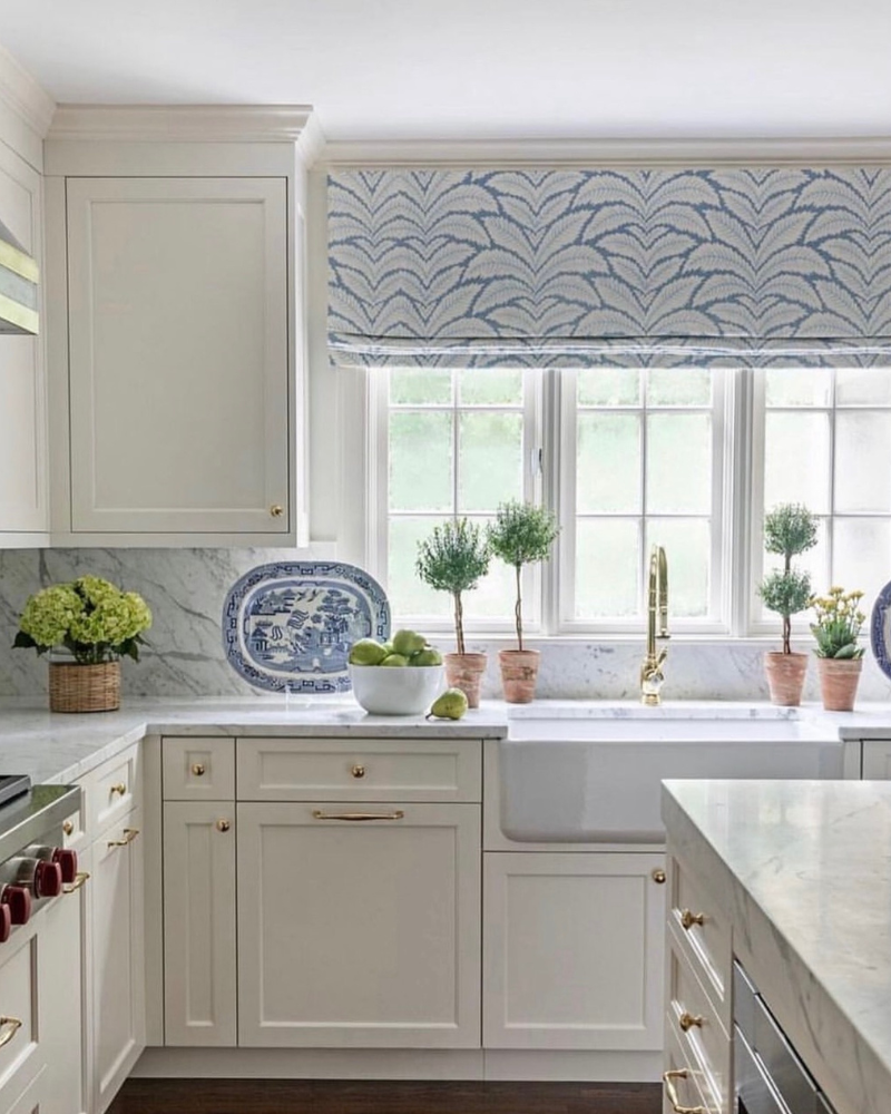indoor potted topiaries on a classic kitchen counter