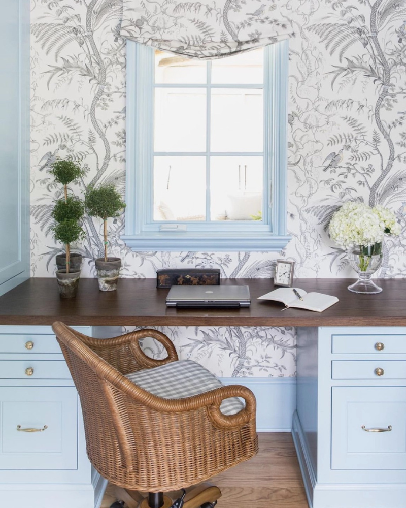 indoor potted topiaries on a classic blue desk