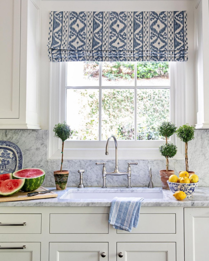 indoor potted topiaries on a classic kitchen counter