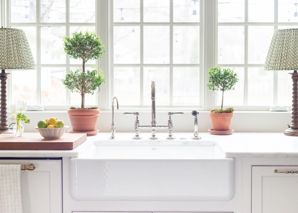 indoor potted topiaries on a classic kitchen counter
